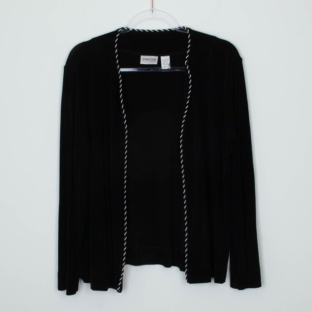 Chicos Travelers Womens Slinky Open Front Cardigan Size L‎ 2 Black Long Sleeve